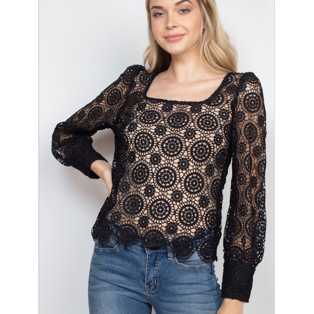 CALISTA Black Embroidered Crochet Long Sleeves Top - Picture 9 of 9